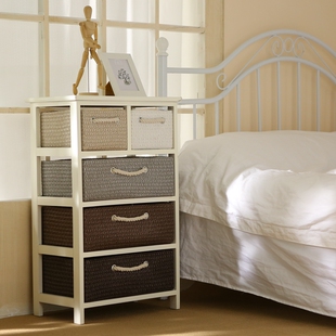 实木藤编抽屉式收纳柜简约卧室床头边柜储物柜缝隙迷你窄柜小斗柜