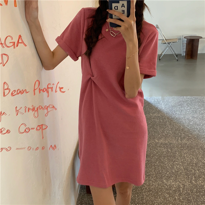 大码设计感OP扭结显瘦短袖T恤裙子夏微胖mm韩版休闲慵懒连衣裙女