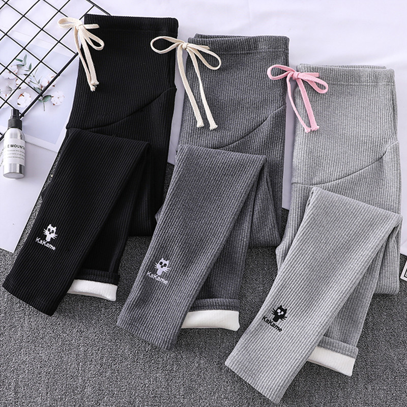 孕妇装冬装加绒加厚孕妇棉裤冬季高腰抽绳L托腹裤子春季外穿打底