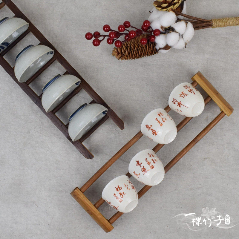 极速功夫茶具竹制茶杯架子晾杯架沥水架J双层桌面杯托收纳展示置