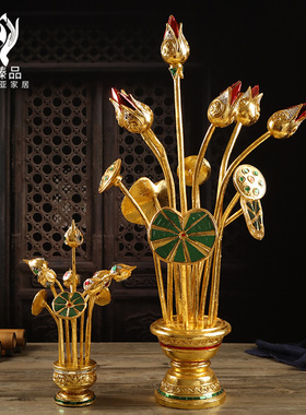 泰国金莲花桌面玄关装饰r摆件东南亚金箔实木雕工艺品装饰荷花摆
