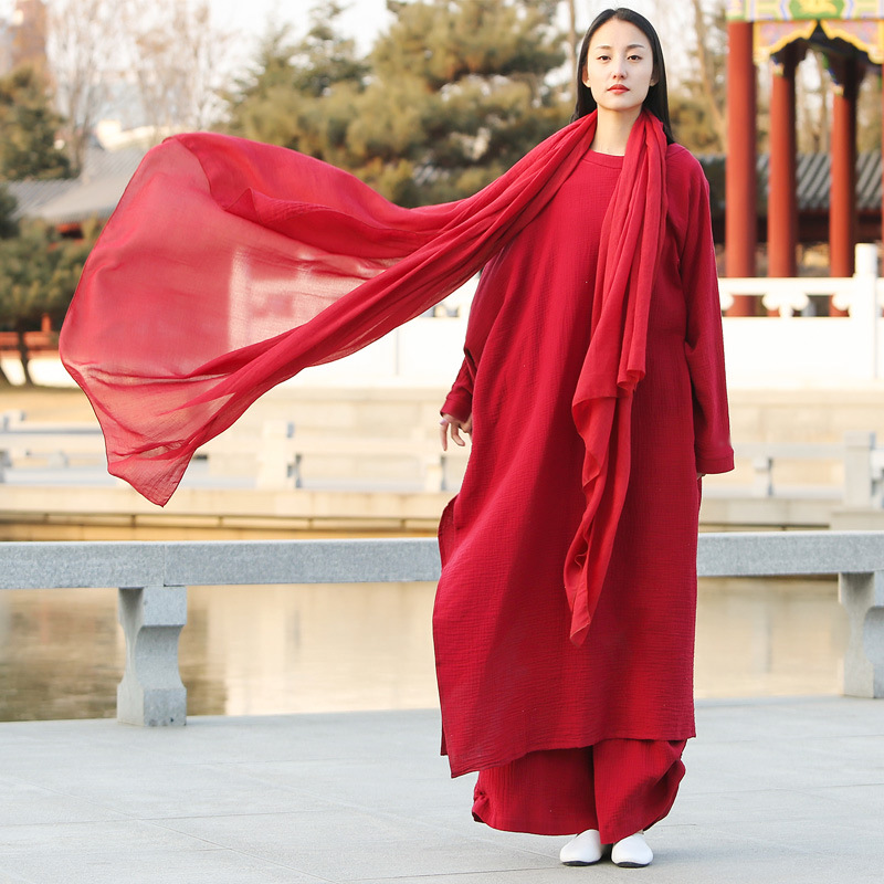 禅舞服装女白色套l装中国风复古棉麻禅意宽松禅修服亚麻袍子连衣
