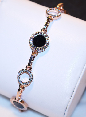 韩国简约小众潮流时尚网红满钻圆形气质金色手链手镯女手环