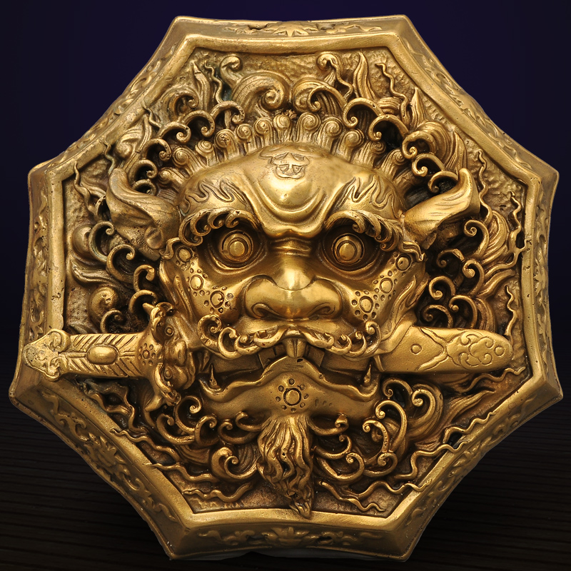 黄铜八角狮头摆件铜兽头八卦狮咬剑挂G件铜狮子睚眦风水墙饰门饰