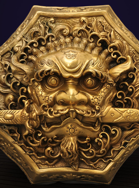 黄铜八角狮头摆件铜兽头八卦狮咬剑挂G件铜狮子睚眦风水墙饰门饰