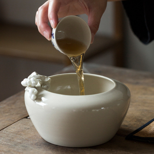 景德镇草木灰水盂茶洗杯洗u茶渣缸日式复古茶渣桶手工捏花陶瓷建