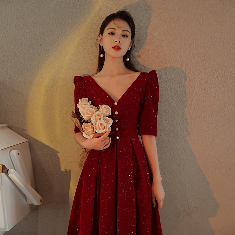 速发敬酒服新季2021新款夏娘气质星门酒红色订婚年会回空晚礼服