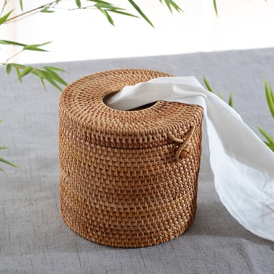 极速藤编圆纸巾筒卷纸盒客厅y桌面纸巾盒卷筒纸盒 卫生间收纳盒