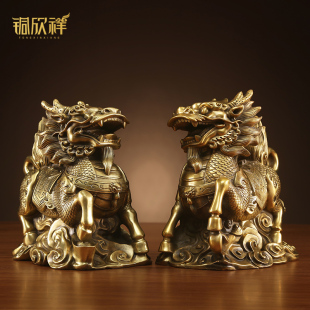热销铜欣祥 饰品客厅玄关办公室电视柜工 纯铜麒麟摆件一对家居装