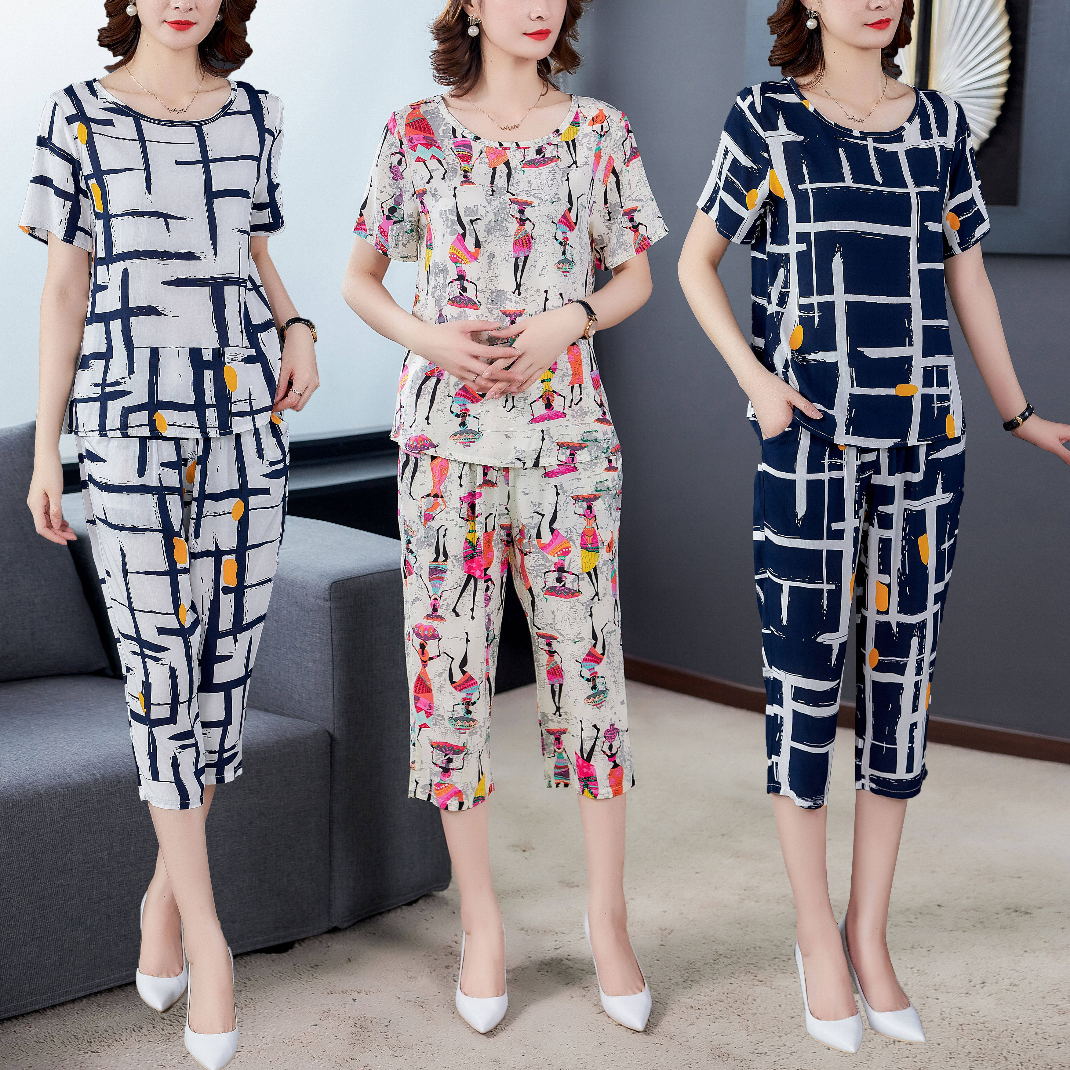 妈妈棉绸套装女夏短袖薄款绵绸睡衣时尚外穿人造棉两y件套宽松大