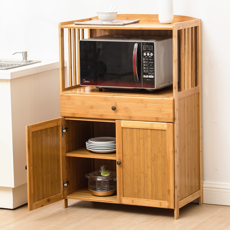 厨房收纳置物架实木微波炉带门储物柜置物柜杂物柜客厅竹架子落地