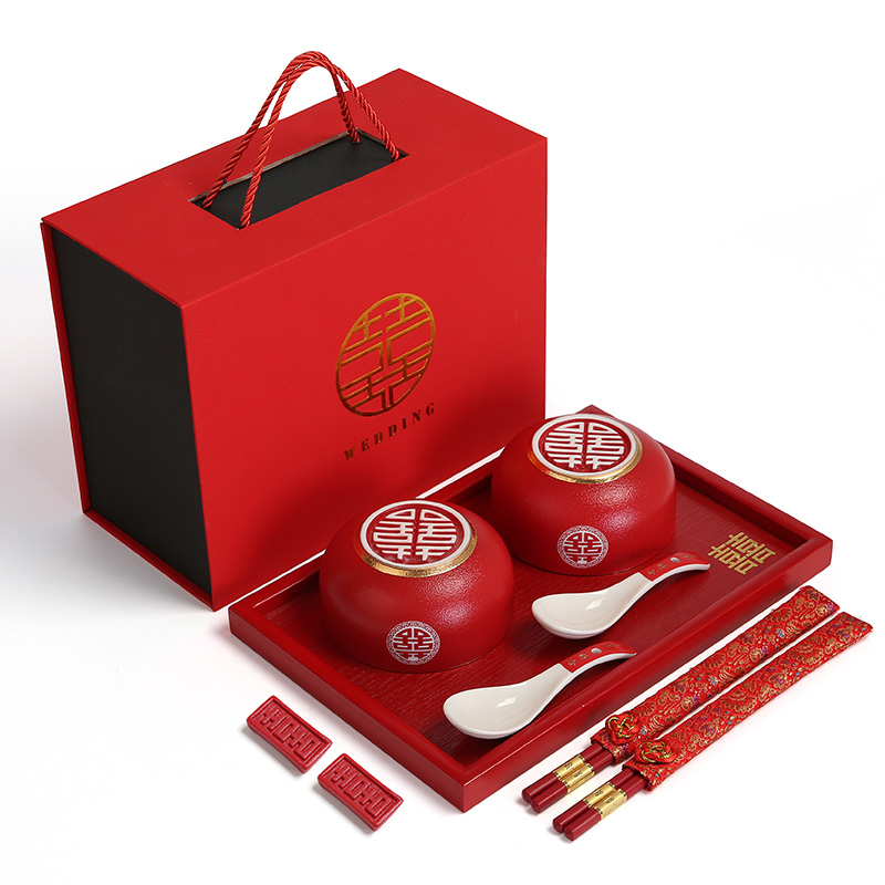 新婚喜碗一对筷子勺子套装镀金结婚对碗送礼礼物甜汤碗婚庆礼品