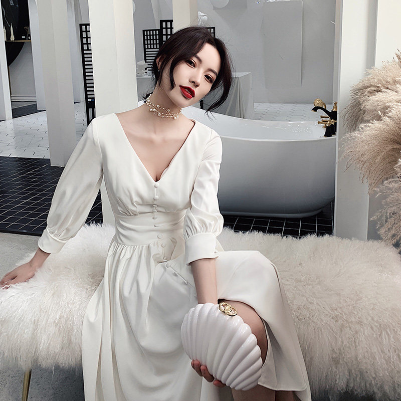 速发白色晚礼服平时2穿可0裙1新款日常法式小礼服裙宴会气质连衣2