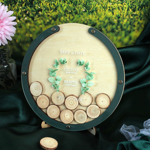 绿色年轮木片创意环保定制户外草坪森系结婚礼婚庆签到板签名册台