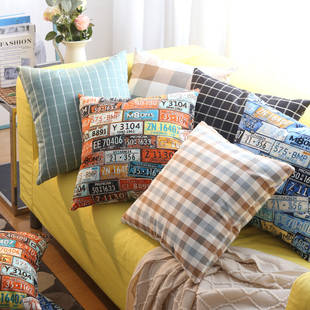 速发简约沙发靠垫正枕形抱方几何格子家用靠枕套子不含芯纯棉布艺