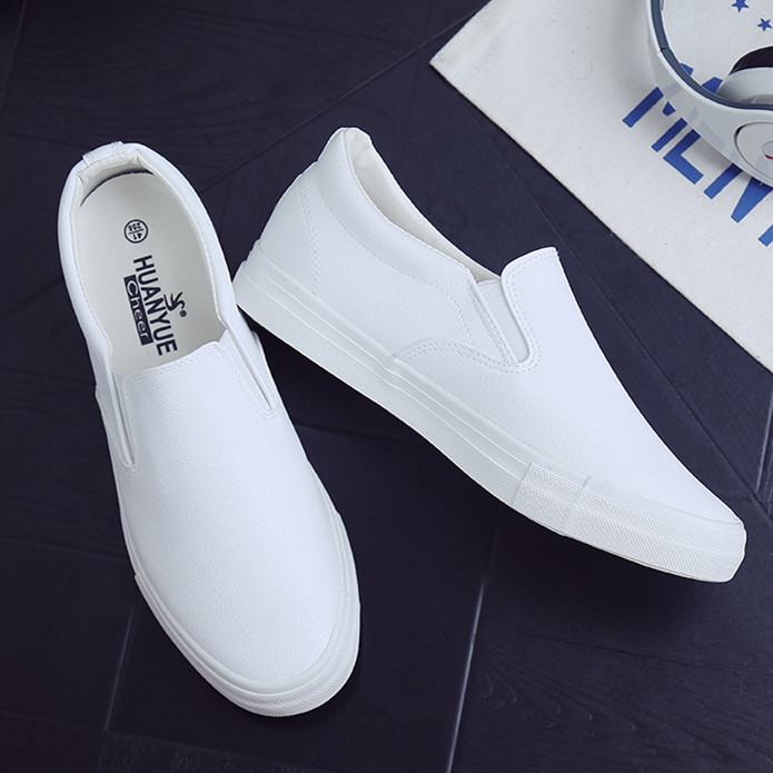 男士帆布鞋pu皮面一脚蹬懒人鞋春季情侣小白鞋2021新款百搭学生鞋