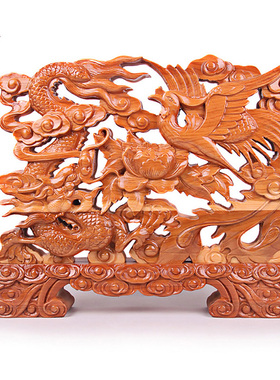 速发天御阁创龙凤呈祥摆件桃木雕刻工艺品家居客厅装饰品 结意婚