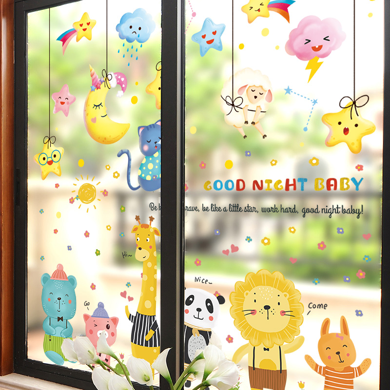 幼儿园玻璃贴双面图案推拉门贴纸透明窗花贴主题墙环境布置自粘墙