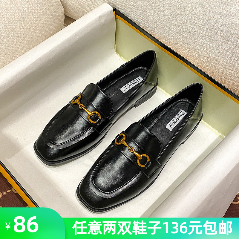 2021年新款春秋女鞋英伦风小皮鞋女平底单鞋黑色乐福鞋大码41一43