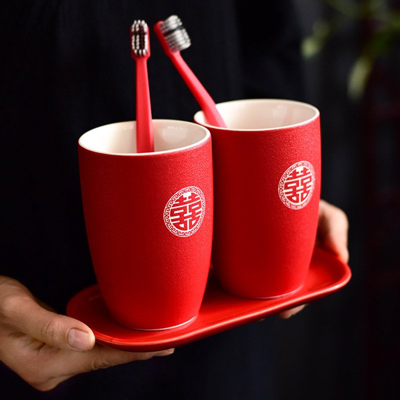 婚庆结婚a水杯套装情侣漱口杯子一对创意牙刷杯牙缸红色洗漱杯陪