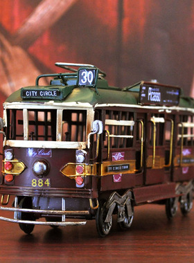 速发桌面工业风金洲家中装饰摆件电车布型欧属复古铁皮车个性摆设