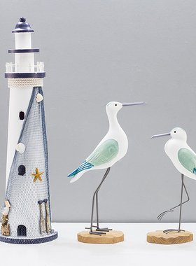 地中海风格灯塔木质做旧木塔海洋风海鸟桌面复古装饰摆设