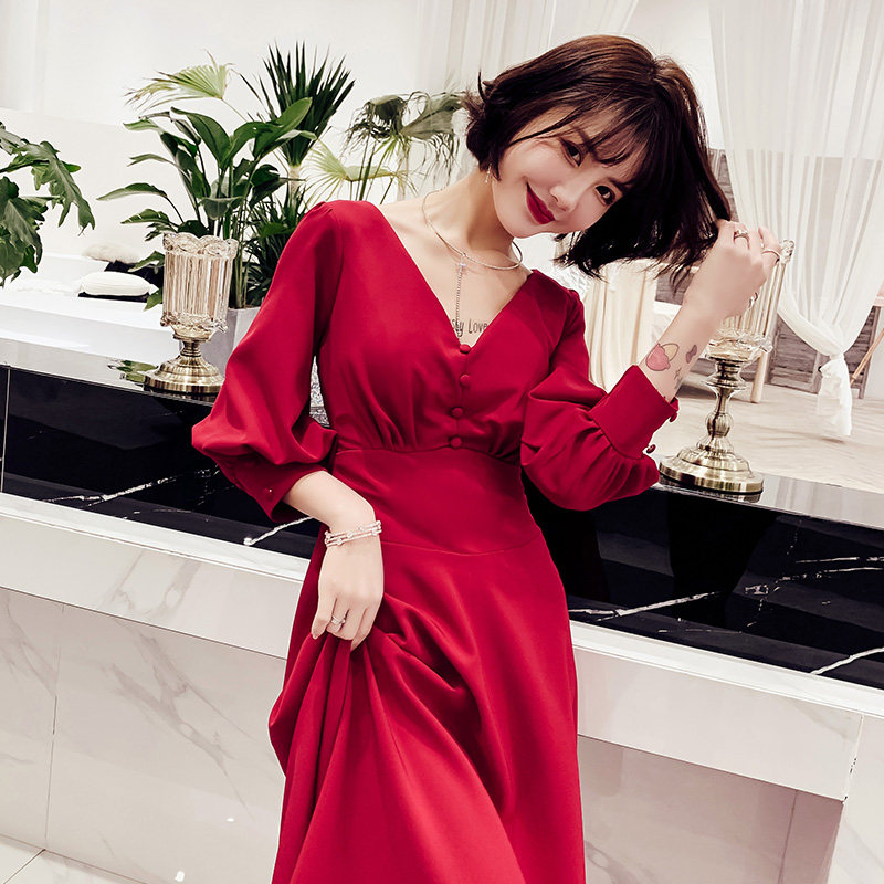 速发敬酒服袖娘2021春款V领平时可穿订晚长新婚礼服小个子连衣裙