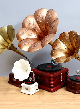 复古留声机欧式摆件 创意铁艺唱片机模型 家居摆件装X饰金属工艺