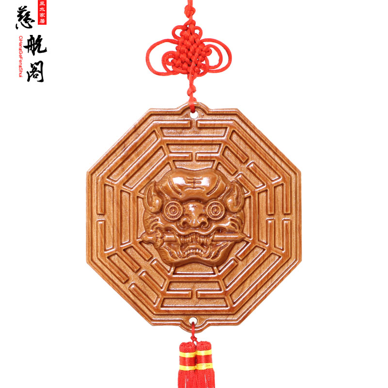 速发桃镜瑞狮咬剑桃木狮子衔剑八卦木木雕挂件