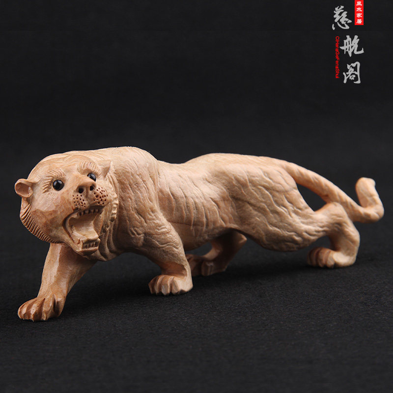 速发桃木漆摆环木雕原色木老虎手把件摆件件保无虎整木