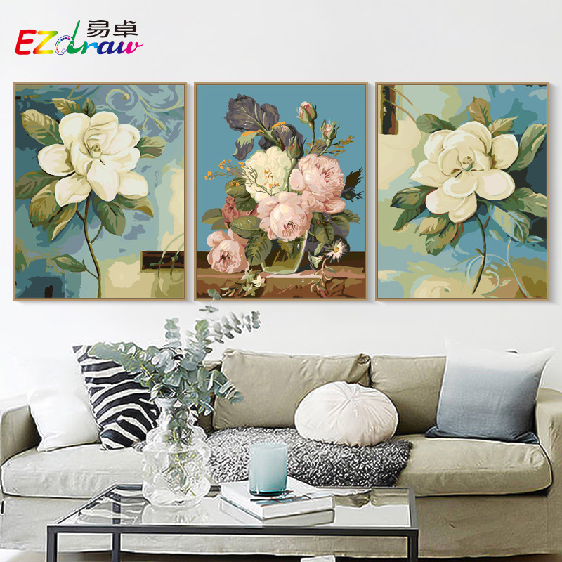 速发数字油饰画客厅餐厅花卉画联三拼手绘填色大幅装彩三 出水芙