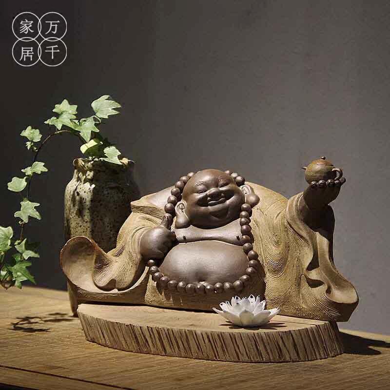 极速新中式粗陶弥勒佛像禅意摆件现代陶瓷大肚佛笑佛博古架茶室工