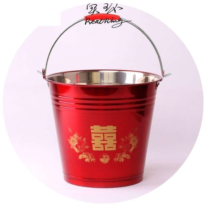 水桶结婚庆用品红桶不锈钢新娘陪嫁喜桶手提式无盖米桶子孙桶