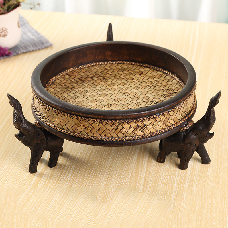 果盘创意现代客厅家用泰国实木个性大象竹编水果盘干果盘摆件饰品
