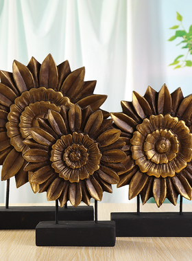 泰国工艺品进口实木雕刻向日葵摆件木头三件套东南亚客厅装饰礼品