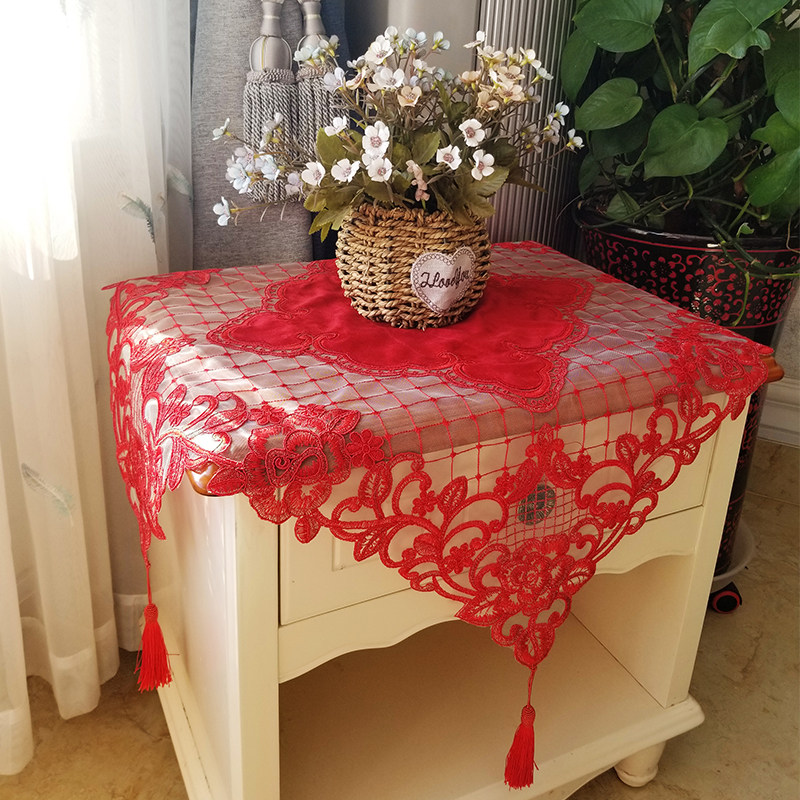 婚庆盖布喜庆盖巾冰箱电视床头柜蕾丝红色盖巾大红色喜庆盖巾盖布