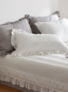 韩式荷叶边全棉白色夹棉防污绗缝枕单人枕套纯棉加厚48cmX74cm