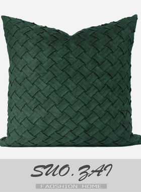 现代简约 样板房软装抱枕沙发靠垫靠包 墨绿色皮绒手Y工编织方枕