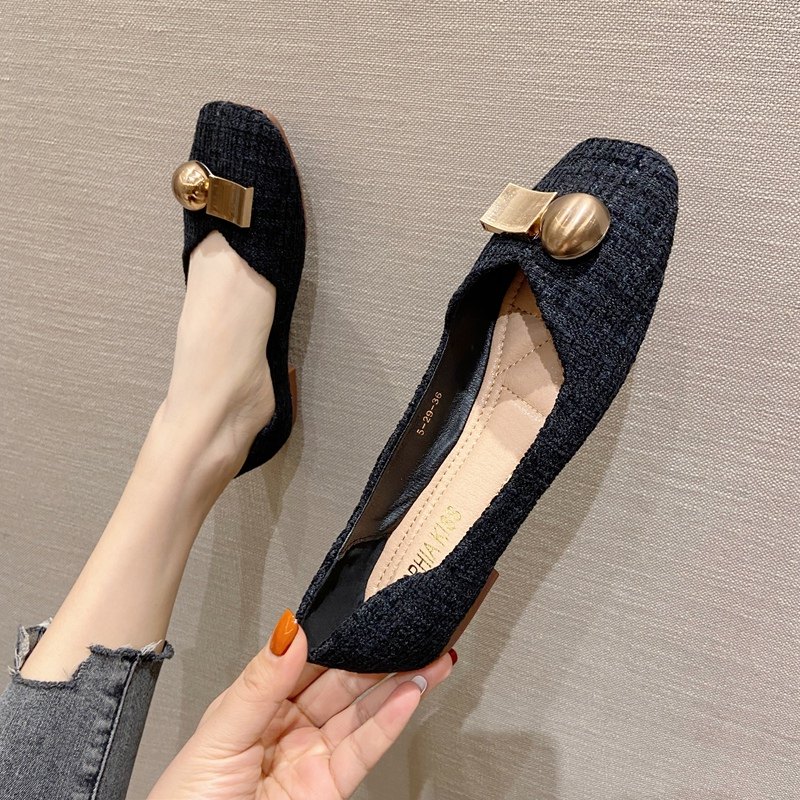 欧美风2021春秋季新款女鞋子金属扣布面方头浅口平跟平底女单鞋,女鞋,浅口单鞋,淘宝优惠券,粉丝福利购,淘宝优惠卷