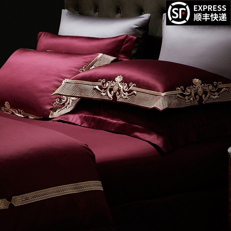 欧式婚庆酒红色高档床上四件套140支全纯棉结婚床上用品别墅被套