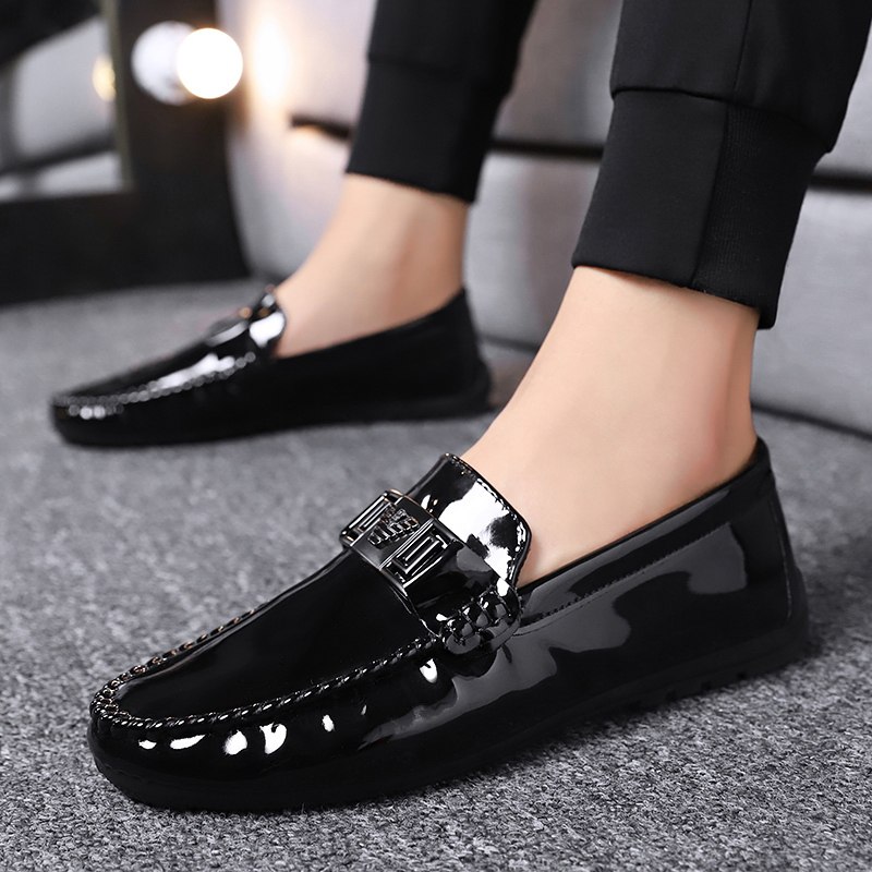 春季精神小伙豆豆鞋男韩版漆皮个性百搭懒人逗逗枪色无鞋带皮鞋子