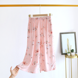 女夏薄款七分裤棉绸阔腿裤人造棉睡裤中裤宽松沙滩裤休闲家居裤