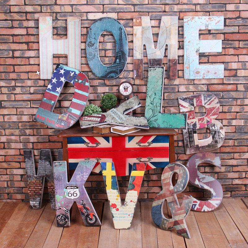 速发26个英木字母壁饰创意做旧复古文质墙挂美式咖茶厅奶啡店墙贴