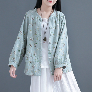 春中国风外套女复古碎花长袖棉麻外套女灯笼袖印花亚麻小开衫上衣