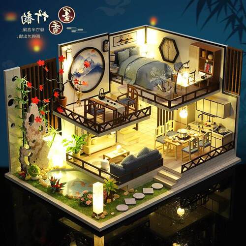 创意中式diy小屋墨香竹韵手工模型送女生制作材W料木质礼物房子