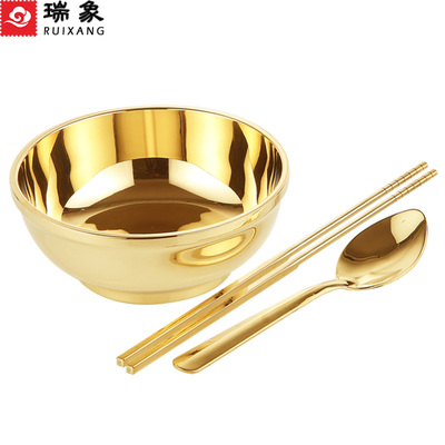 瑞象 纯铜碗家用铜筷子铜勺子三件套铜餐具米饭碗大号金饭碗摆件