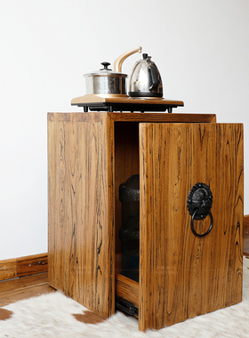 新中式榆木烧茶水柜简约实木床头家具饮水机水桶收纳餐边单门柜子