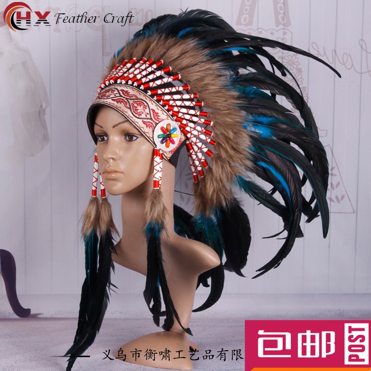 印第安帽子彩色羽毛头饰发饰 酋长头盔服装 舞台表演摄影走秀道具