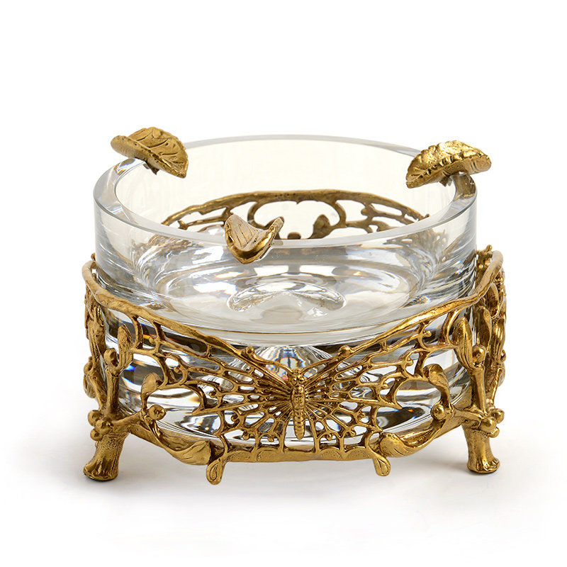 欧式简约现代水晶镶铜装饰圆形烟灰缸摆件 软装奢华家居饰品烟碟