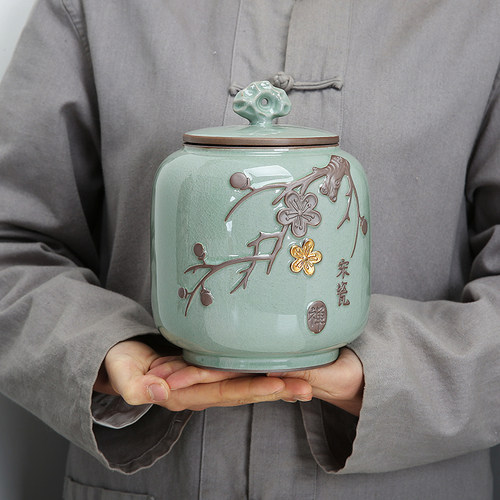 哥窑陶瓷茶叶罐浮雕开片密封罐存储物罐子大中小号茶仓罐防潮家用